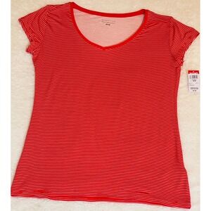 Attention Womens Red White Striped V-Neck Short Sleeve Tee Shirt Medium NWT